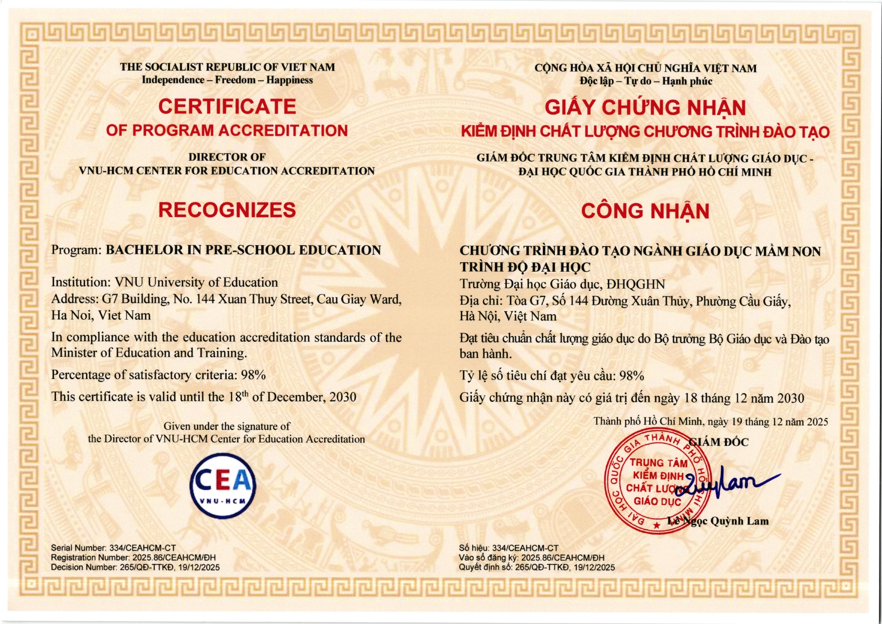 Chứng nhận Kiểm định chất lượng chương trình đào tạo chuẩn trình độ đại học ngành Giáo dục Mầm non