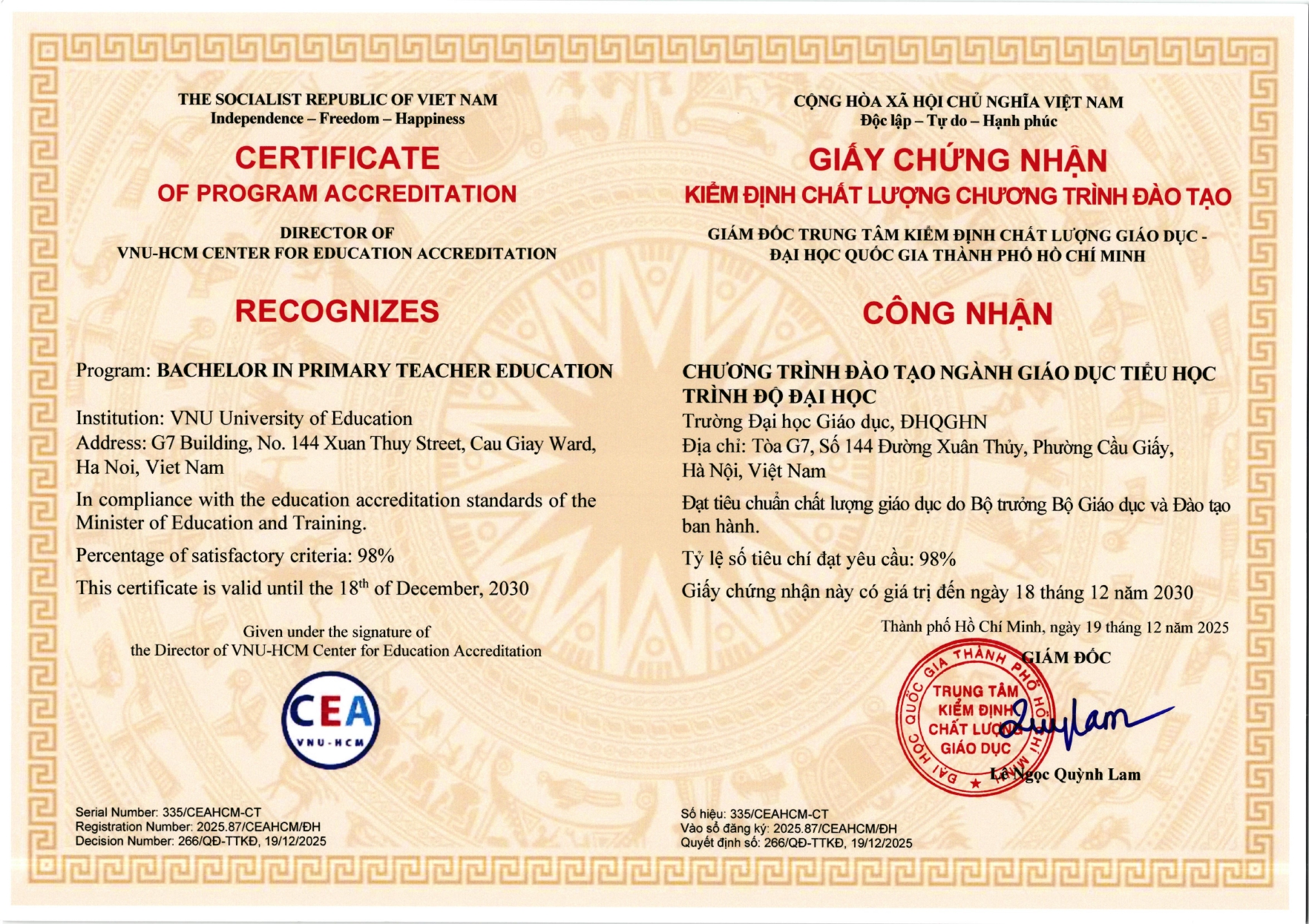 Chứng nhận Kiểm định chất lượng chương trình đào tạo chuẩn trình độ đại học ngành Giáo dục Tiểu học