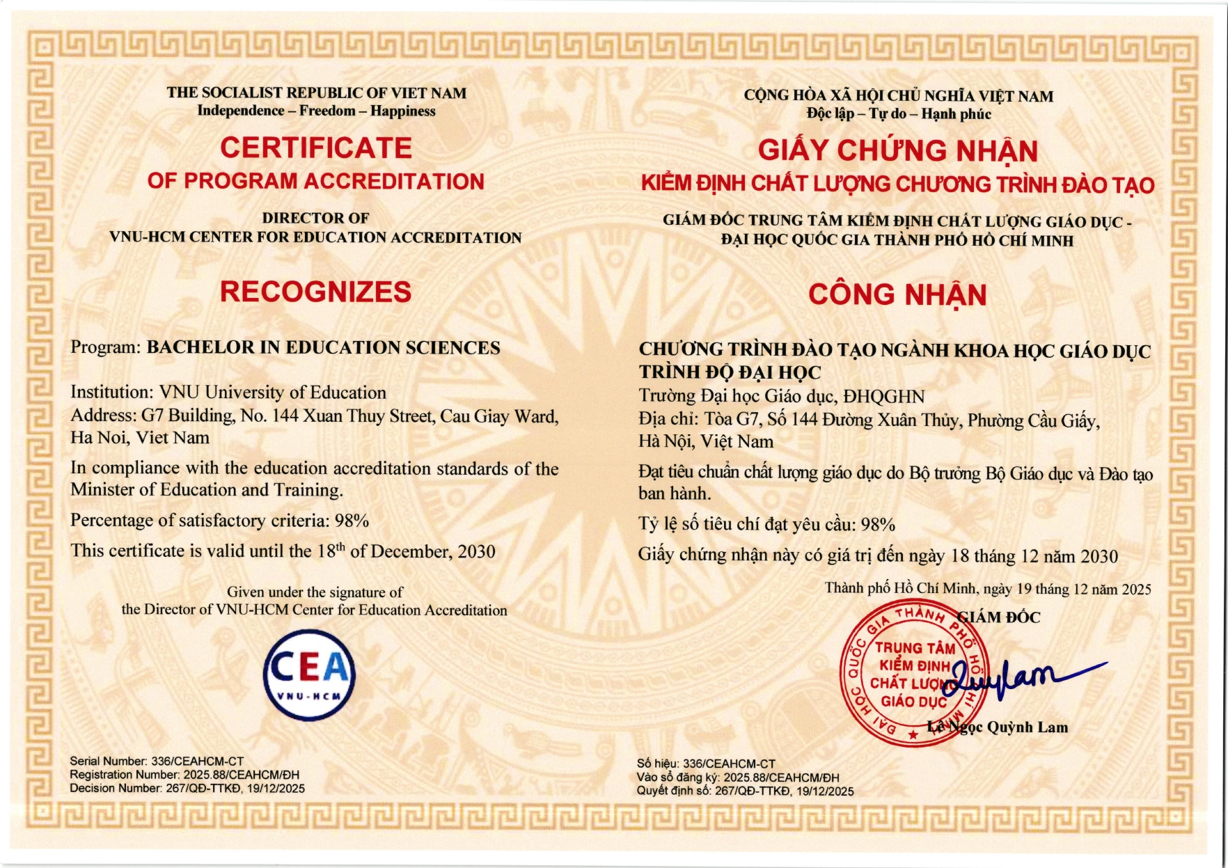 Chứng nhận Kiểm định chất lượng chương trình đào tạo chuẩn trình độ đại học ngành Khoa học Giáo dục