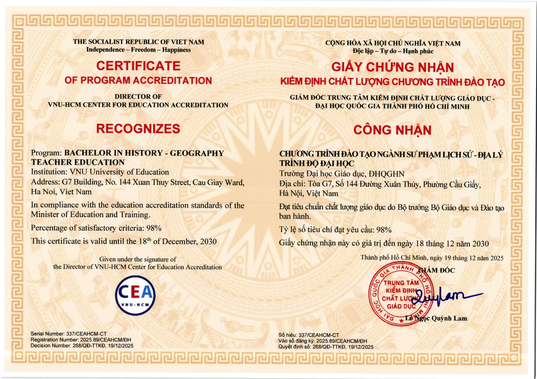 Chứng nhận Kiểm định chất lượng chương trình đào tạo chuẩn trình độ đại học ngành Sư phạm Lịch sử - Địa lý