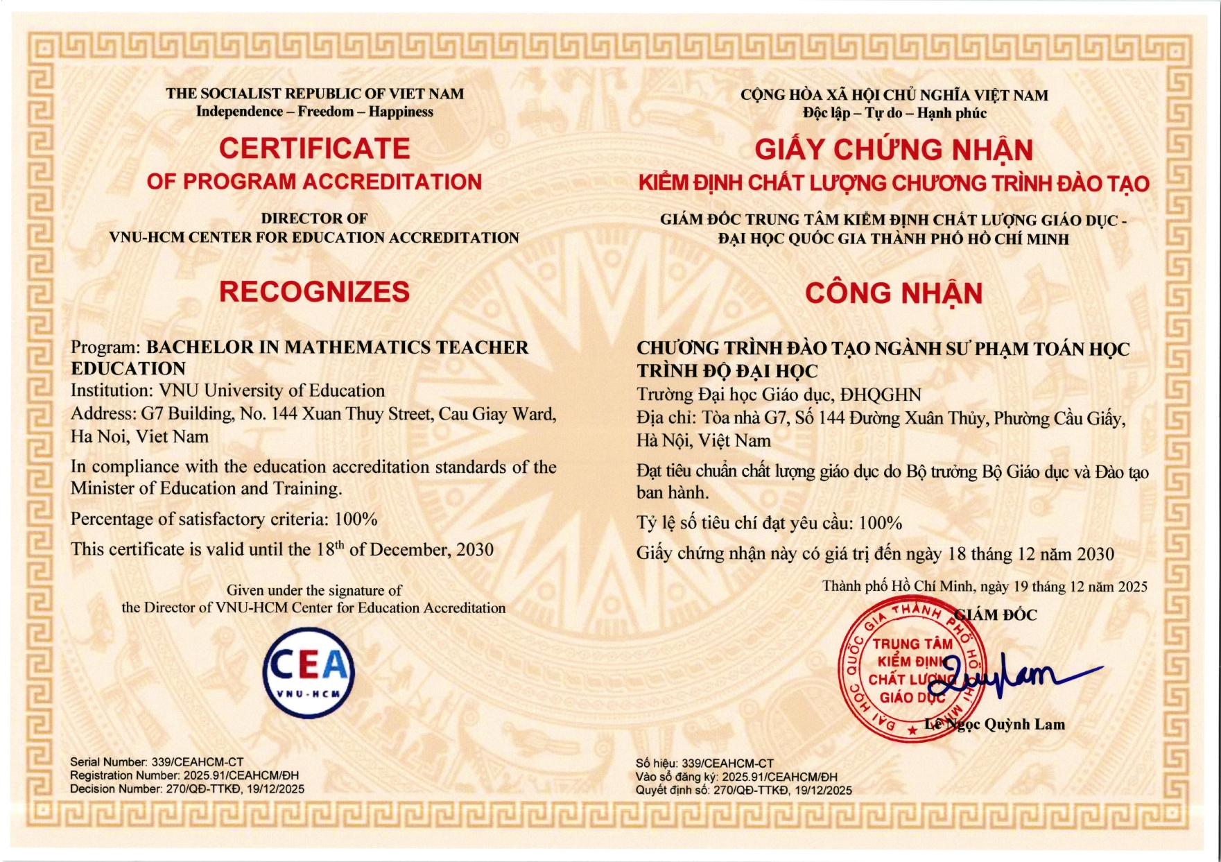 Chứng nhận Kiểm định chất lượng chương trình đào tạo chuẩn trình độ đại học ngành Sư phạm Toán học