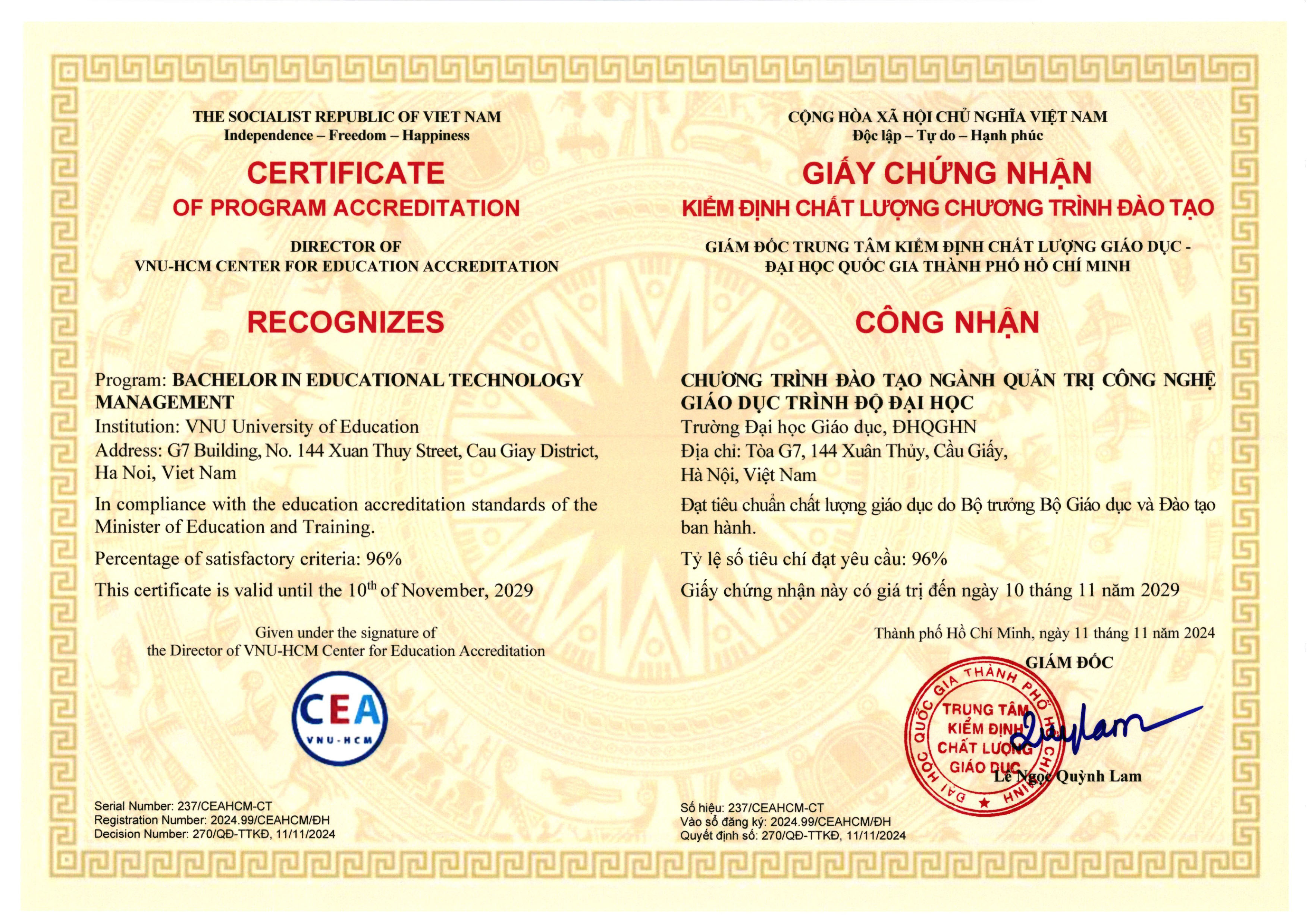 Chứng nhận Kiểm định chất lượng chương trình đào tạo ngành Quản trị Công nghệ Giáo dục trình độ đại học