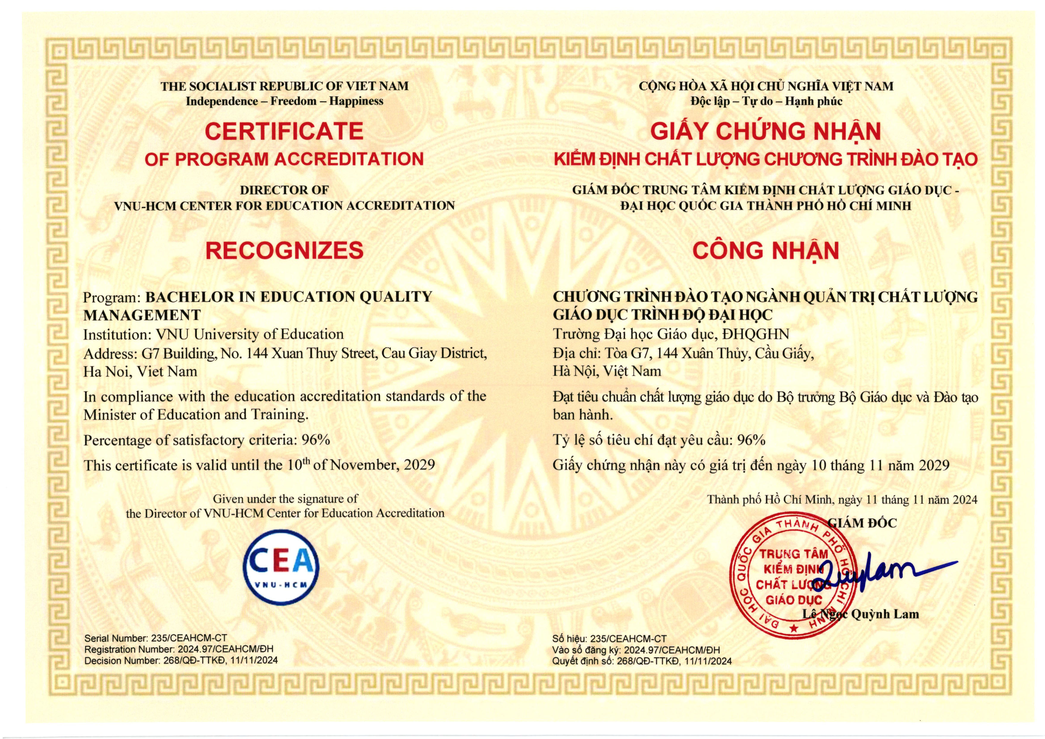 Chứng nhận Kiểm định chất lượng chương trình đào tạo ngành Quản trị Chất lượng Giáo dục trình độ đại học
