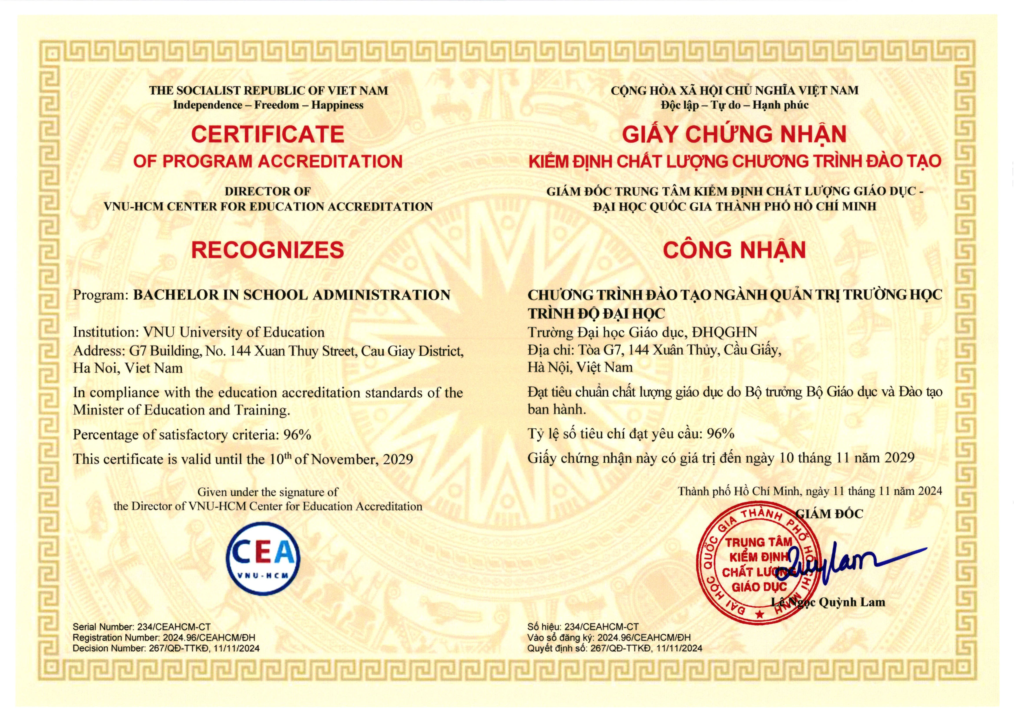 Chứng nhận Kiểm định chất lượng chương trình đào tạo ngành Quản trị Trường học trình độ đại học