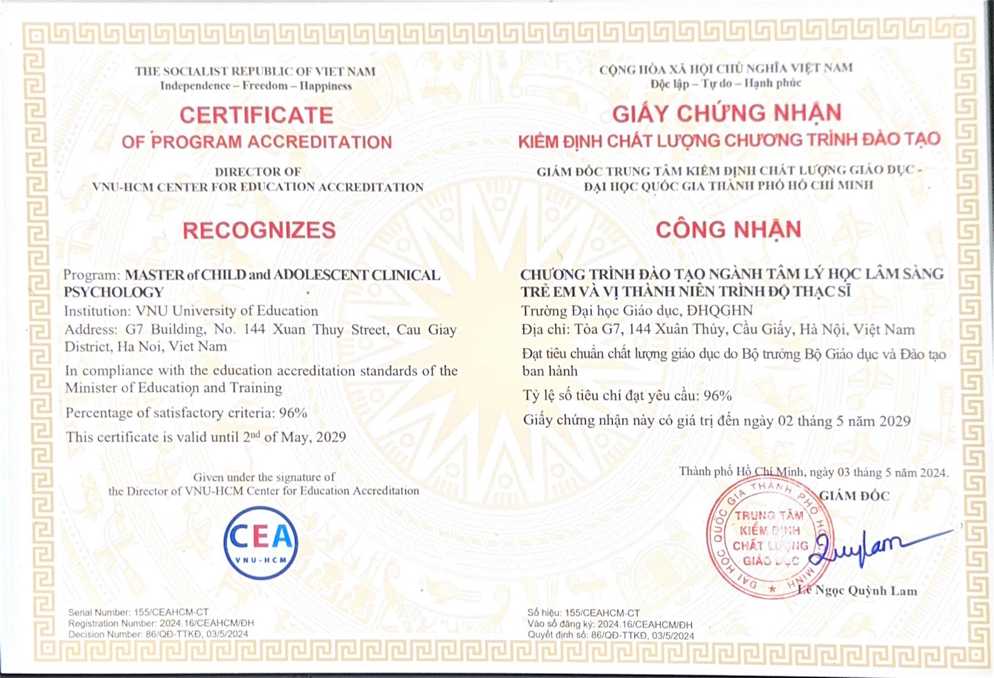 Chứng nhận Kiểm định chất lượng chương trình đào tạo chuẩn trình độ Thạc sĩ ngành Tâm lý học lâm sàng trẻ em và vị thành niên.