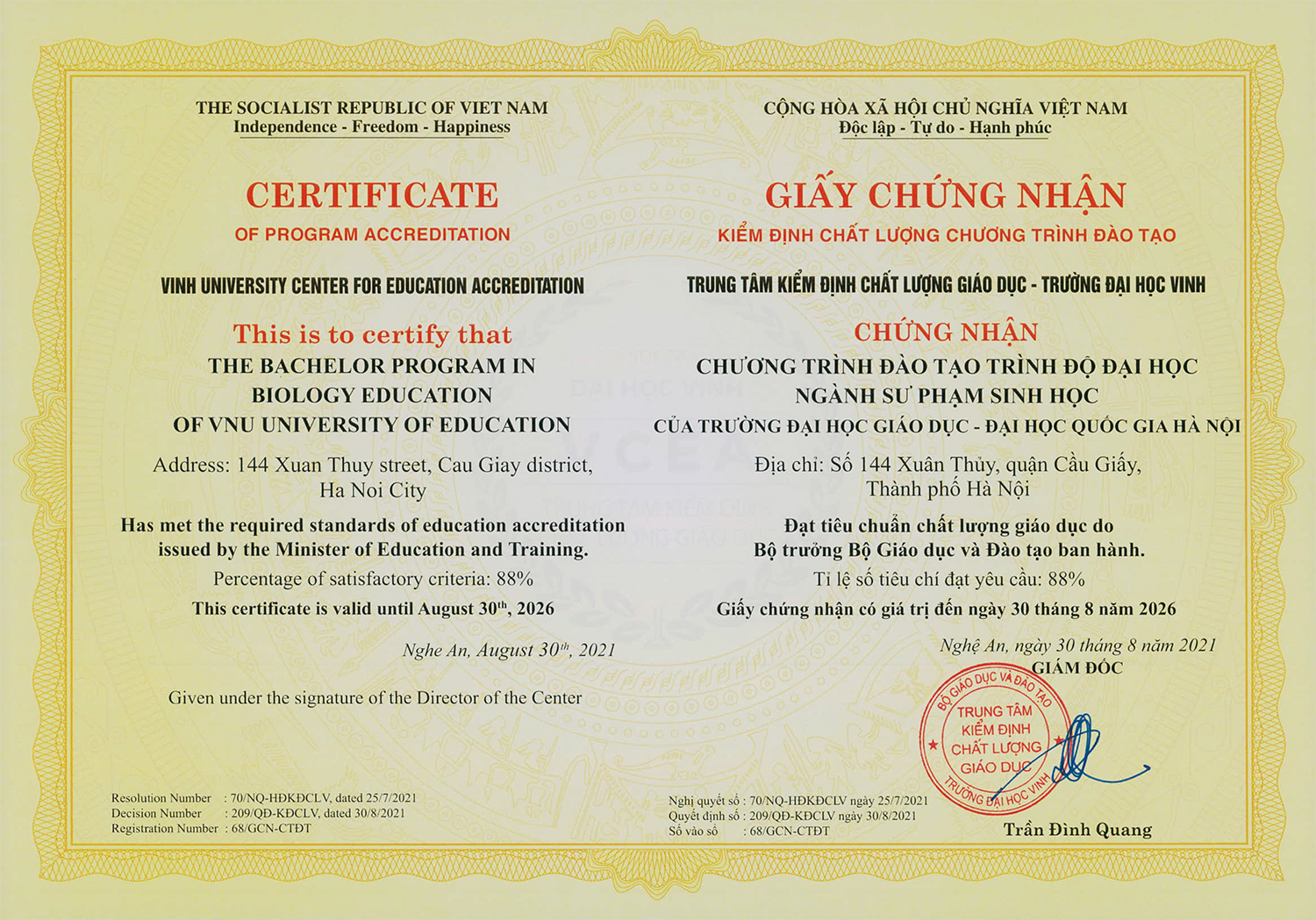 Chứng nhận Kiểm định chất lượng chương trình đào tạo chuẩn trình độ đại học ngành Sư phạm Sinh học