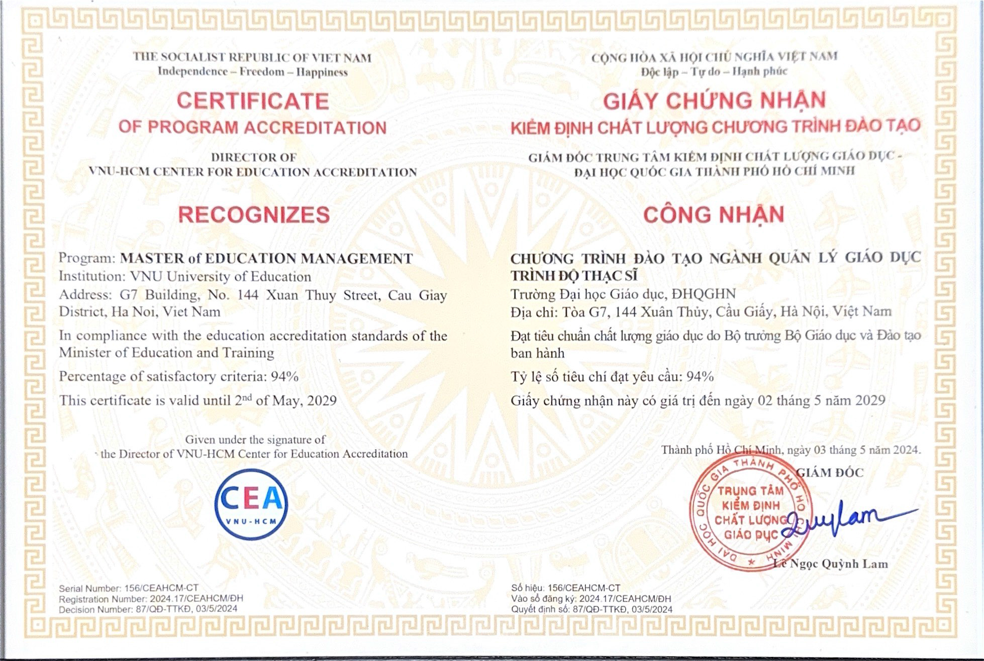 Chứng nhận Kiểm định chất lượng chương trình đào tạo chuẩn trình độ Thạc sĩ ngành Quản lý Giáo dục.